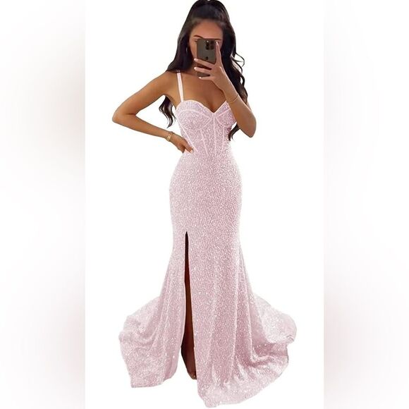 Lavetir NWT Sequin Velvet Corset Lace Up Back High Side Sexy Slit Prom Dress 4 - Picture 1 of 10